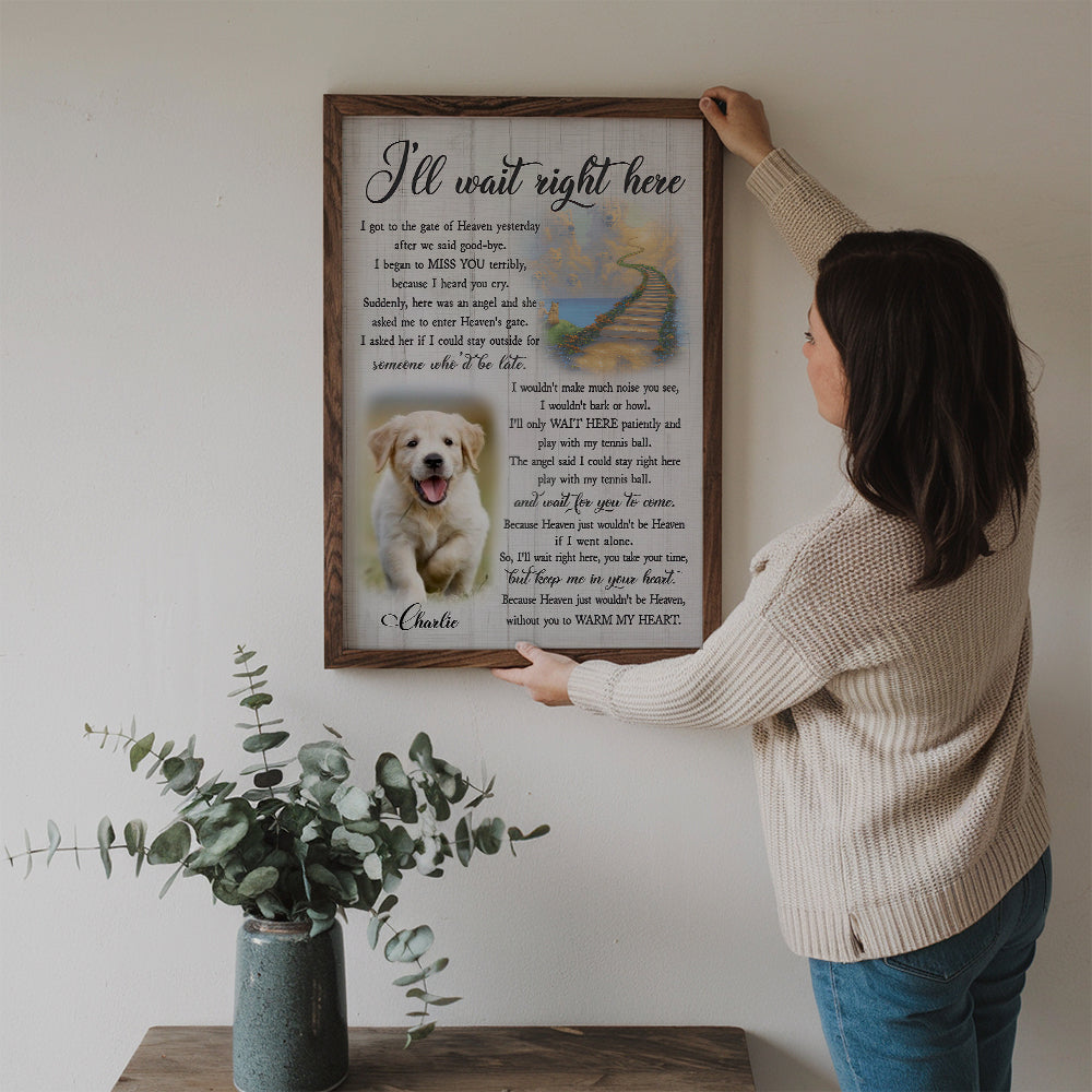 Custom Photo I'll Wait Right Here poster, a woman hanging the framed print on a wall