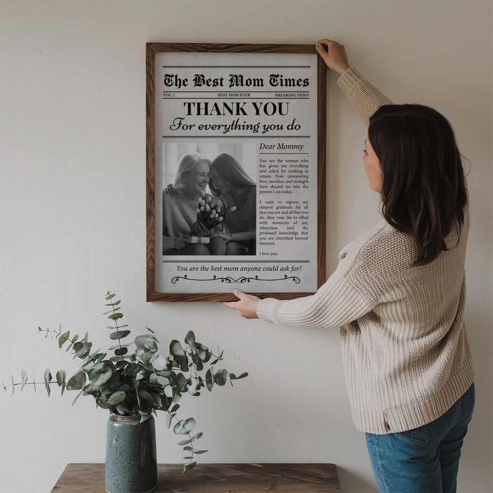 Custom Photo A Mother’s Love Is My Greatest Blessing poster, a woman hanging the framed print on a wall