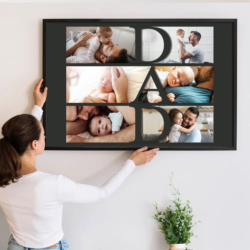 Custom Photo Dad Collage poster, a woman hanging the framed print on a wall