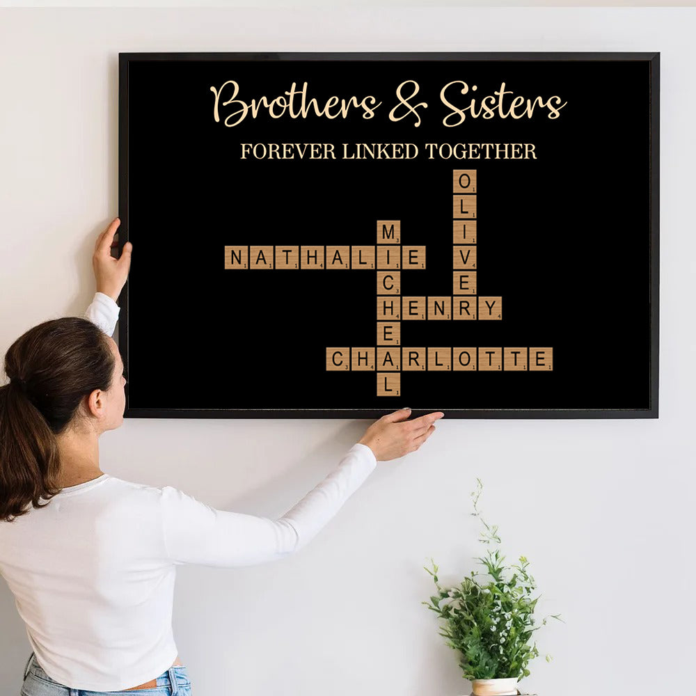 Personalized Crossword Puzzle Art Brothers & Sisters Forever Linked Toget canvas print, a woman hanging the framed print