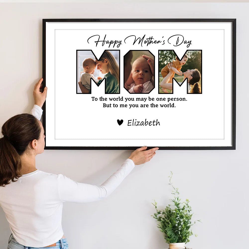 Custom Photo Happy Mother's Day To Mom poster, a woman hanging the framed print on a wall