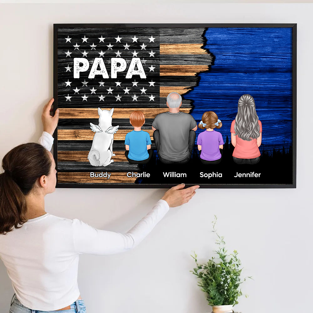 Personalized Dad Grandpa Back View Sitting With Kids Half Nation Flag poster, a woman hanging the framed print on a wall