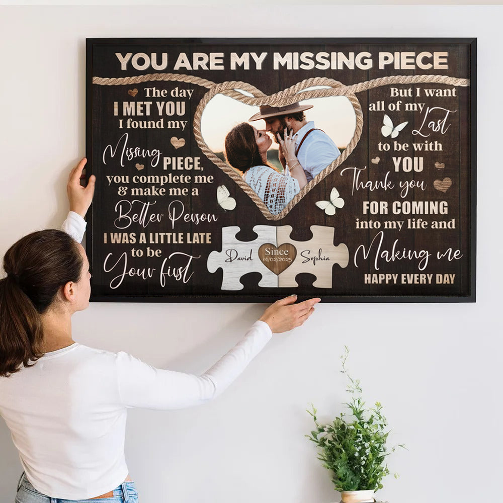 Personalized Custom Photo Couple You Are My Missing Piece canvas print, a woman hanging the framed print on a wall