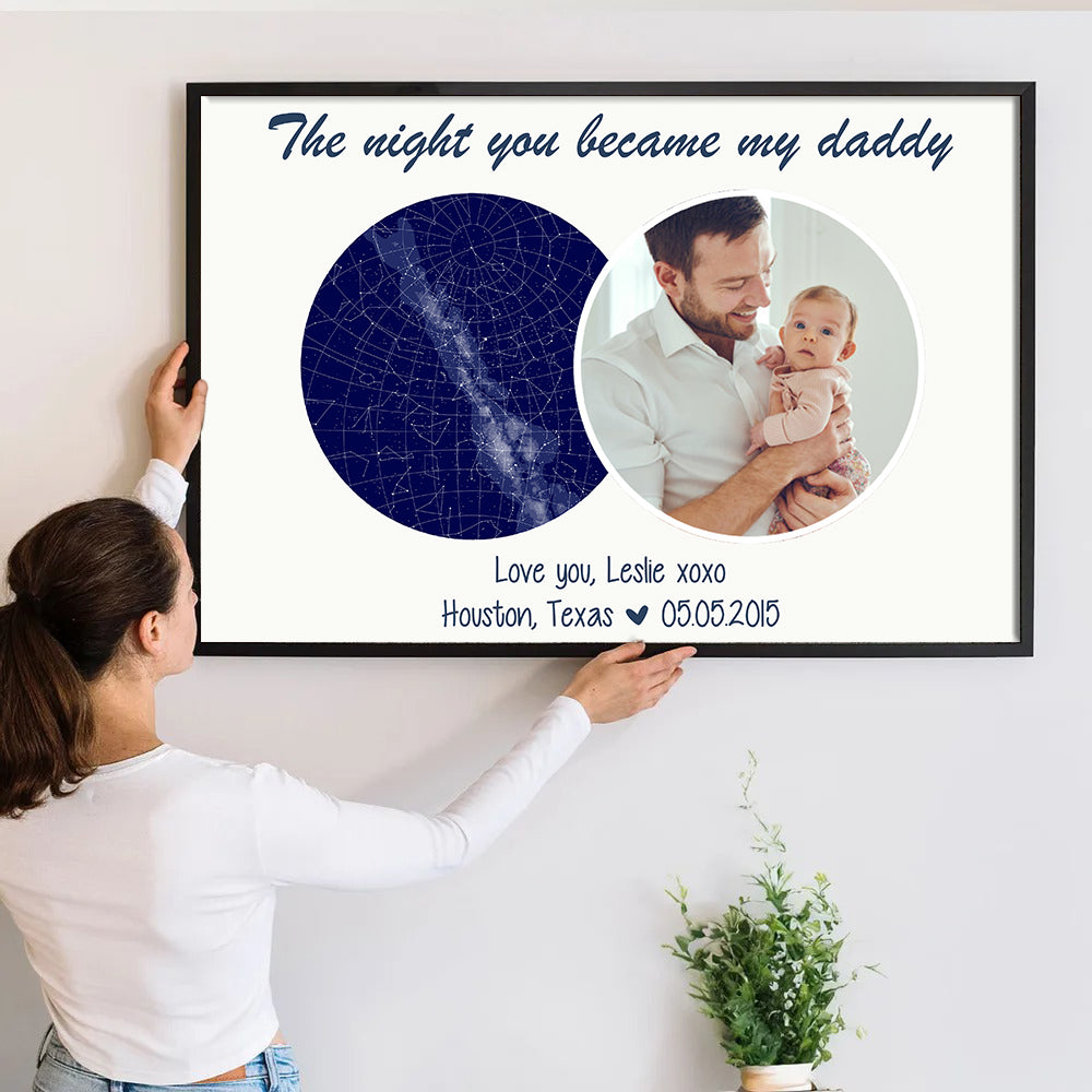Custom Photo The Night You Became My Daddy poster, a woman hanging the framed print on a wall