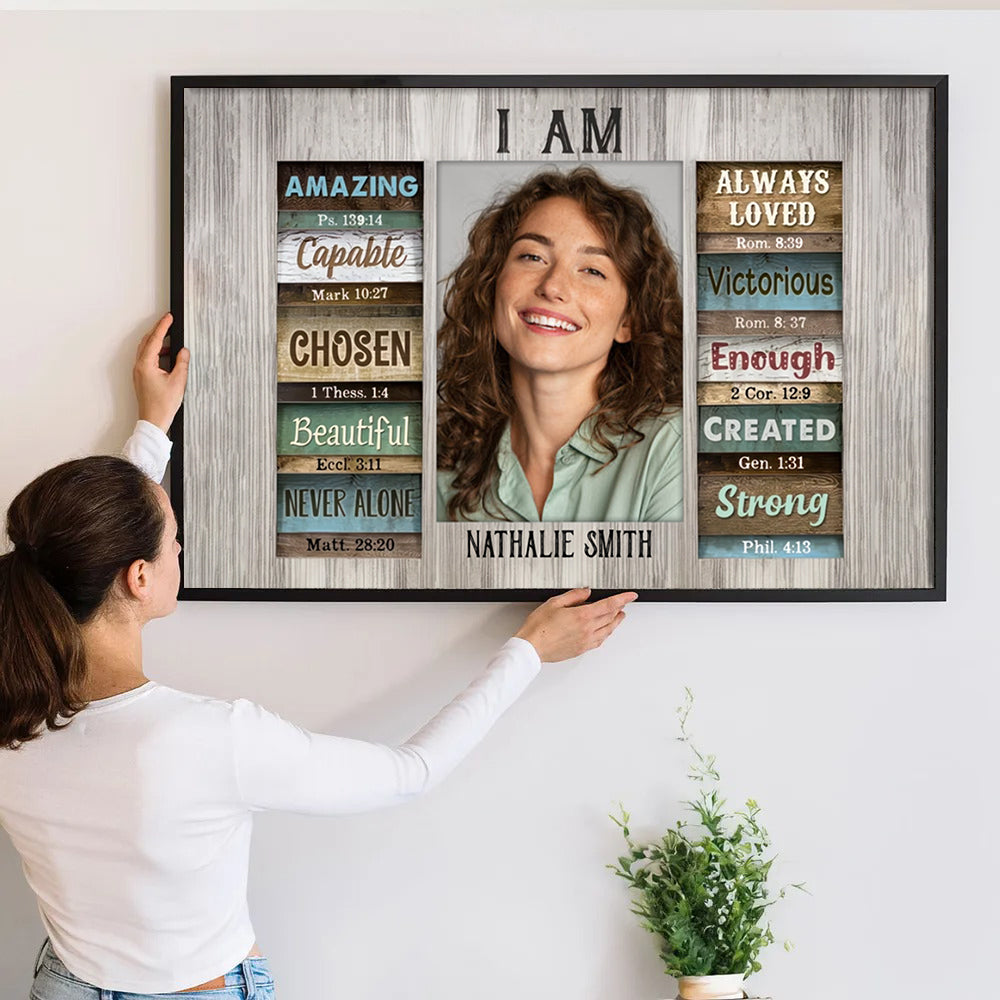 Personalized Christian God Says You Are poster, a woman hanging the framed print on a wall