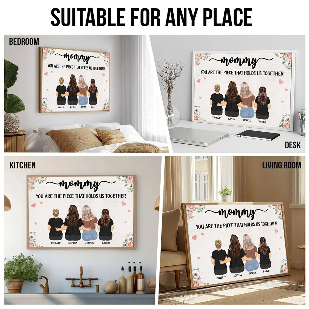 Personalized The Piece That Holds Us Together poster, size options shown on a sofa wall
