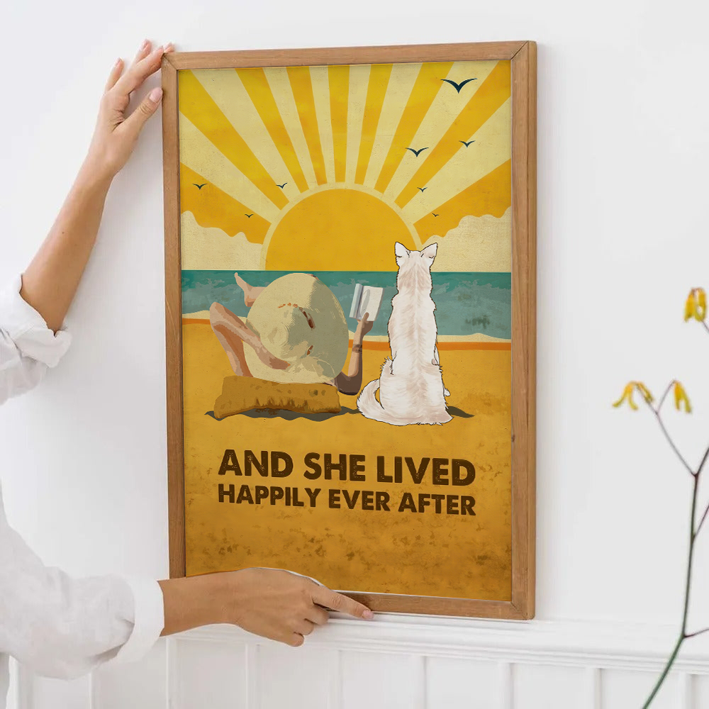 Personalized Dog Happily Ever After poster, framed in a bright living room
