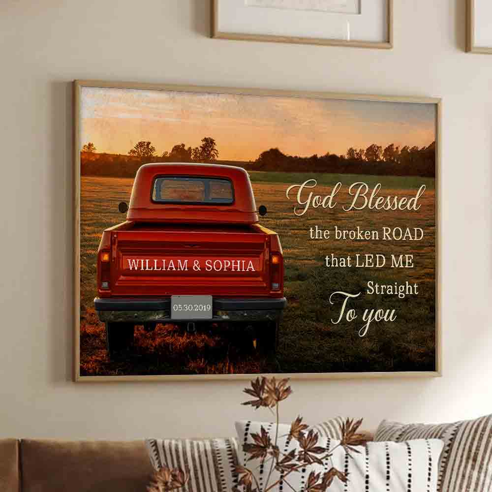 Personalized God Blessed The Broken Road Couple poster, framed in a bright living room