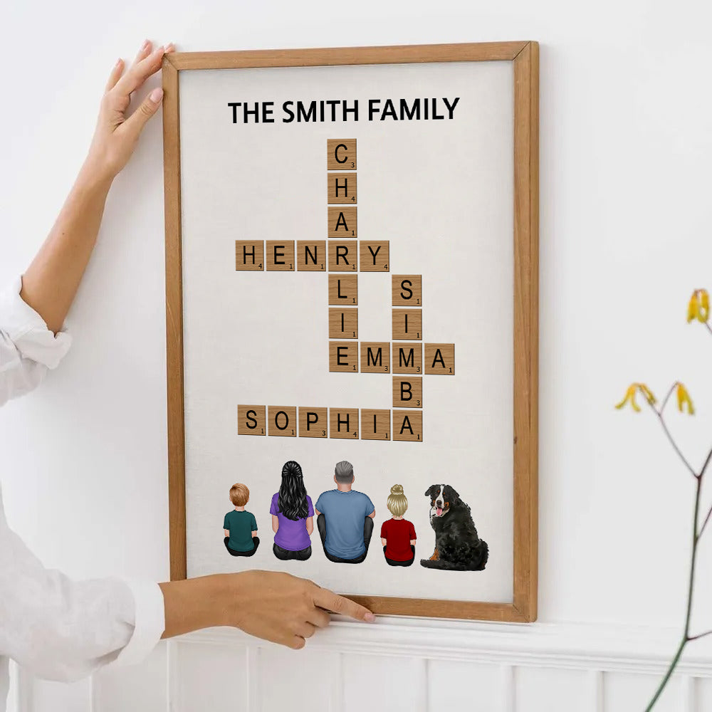 Personalized Family Make Your Own Crossword poster, framed in a bright living room