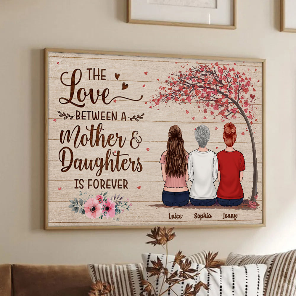 Personalized Mother & Son Daughter Forever Linked Together poster, framed in a bright living room