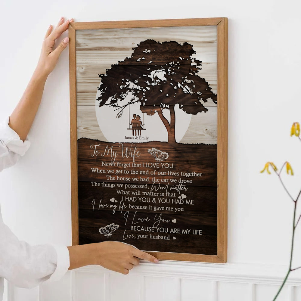 Personalized To My Wife Never Forget That I Love You Couple poster, framed in a bright living room