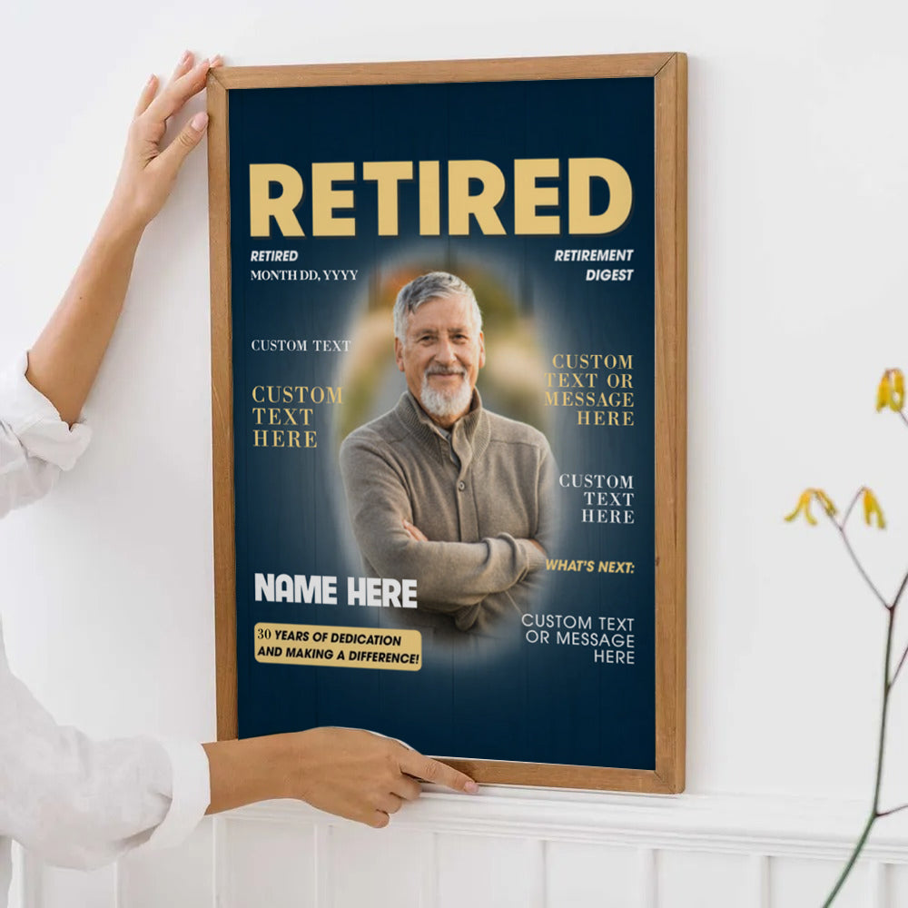 Custom Photo Retired Magazine poster, framed in a bright living room