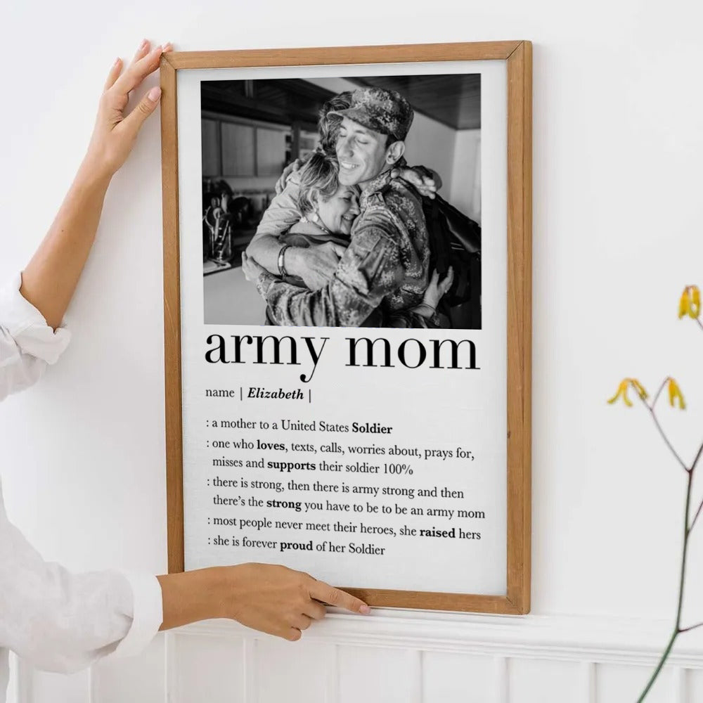 Custom Photo Army Mom poster, framed in a bright living room