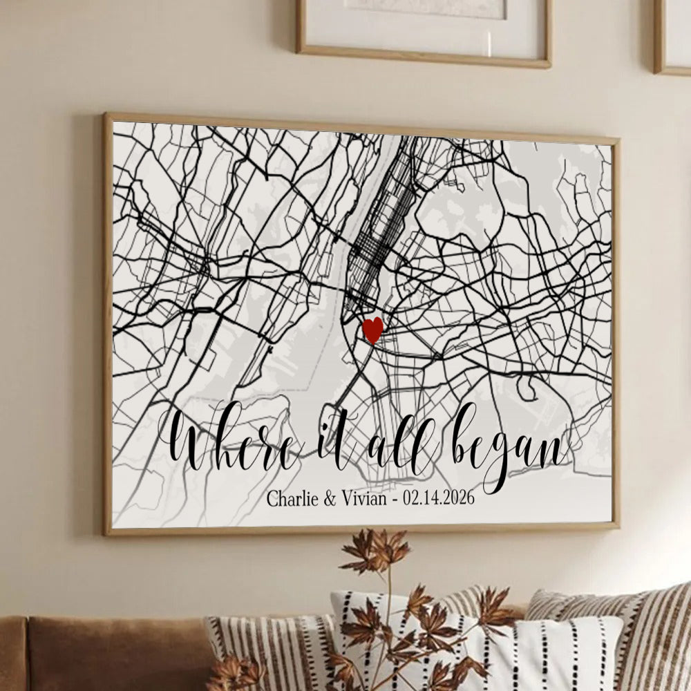 Custom Map Couple Where It All Began - Personalized Poster/Canvas Prints - Gift For Her/Him, Husband/Wife, Couples on Anniversary, Valentine's Day