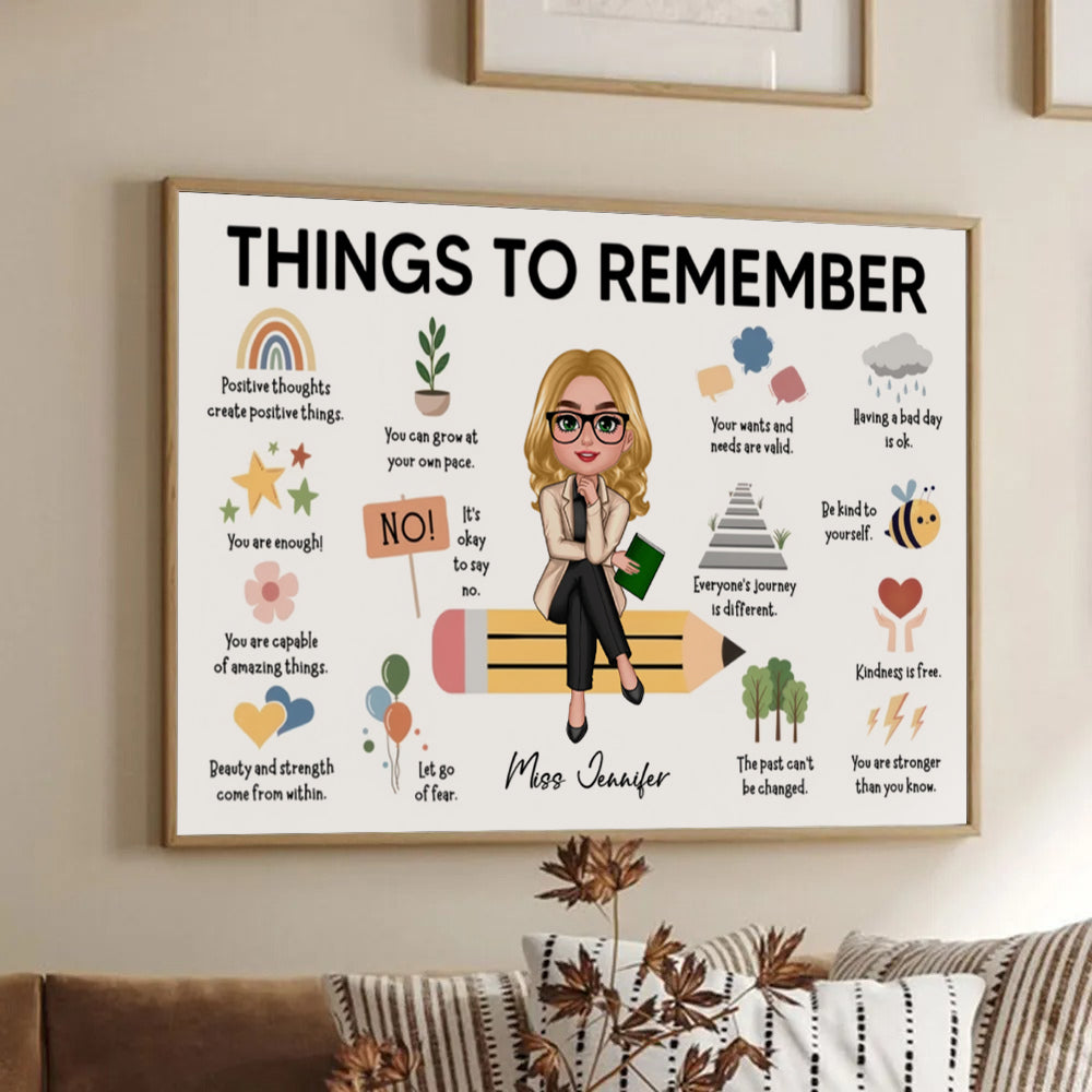 Personalized Things to Remember Gift For Teacher canvas print, framed in a bright living room