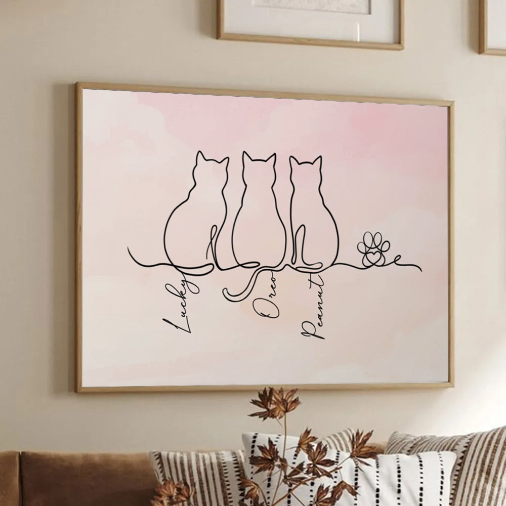 Personalized Adorable Cat Line canvas print, framed in a bright living room