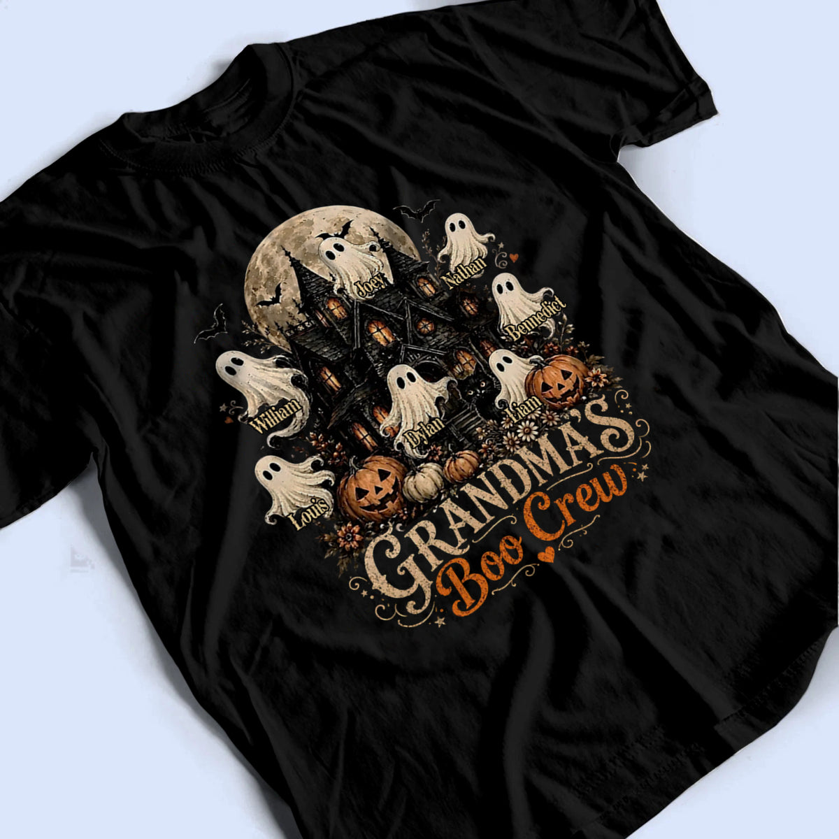 Grandma's Boo Crew Halloween Haunted House - Personalized Custom T Shirt - Halloween Gift for Grandma/Nana/Mimi, Mom, Wife