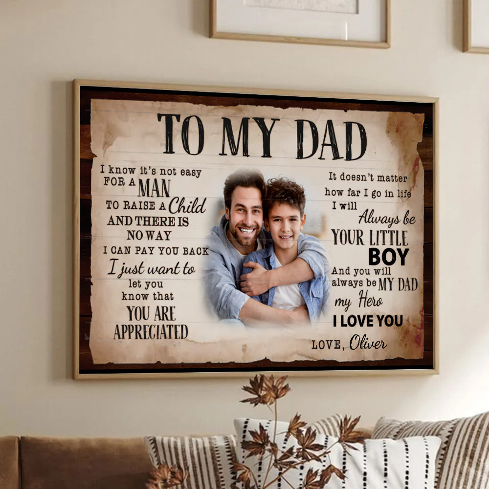 Custom Photo To My Dad poster, framed in a bright living room