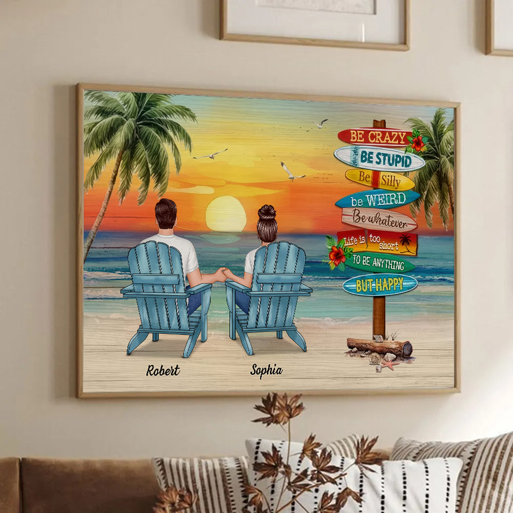 Personalized Summer Couple Sitting Be Happy poster, framed in a bright living room