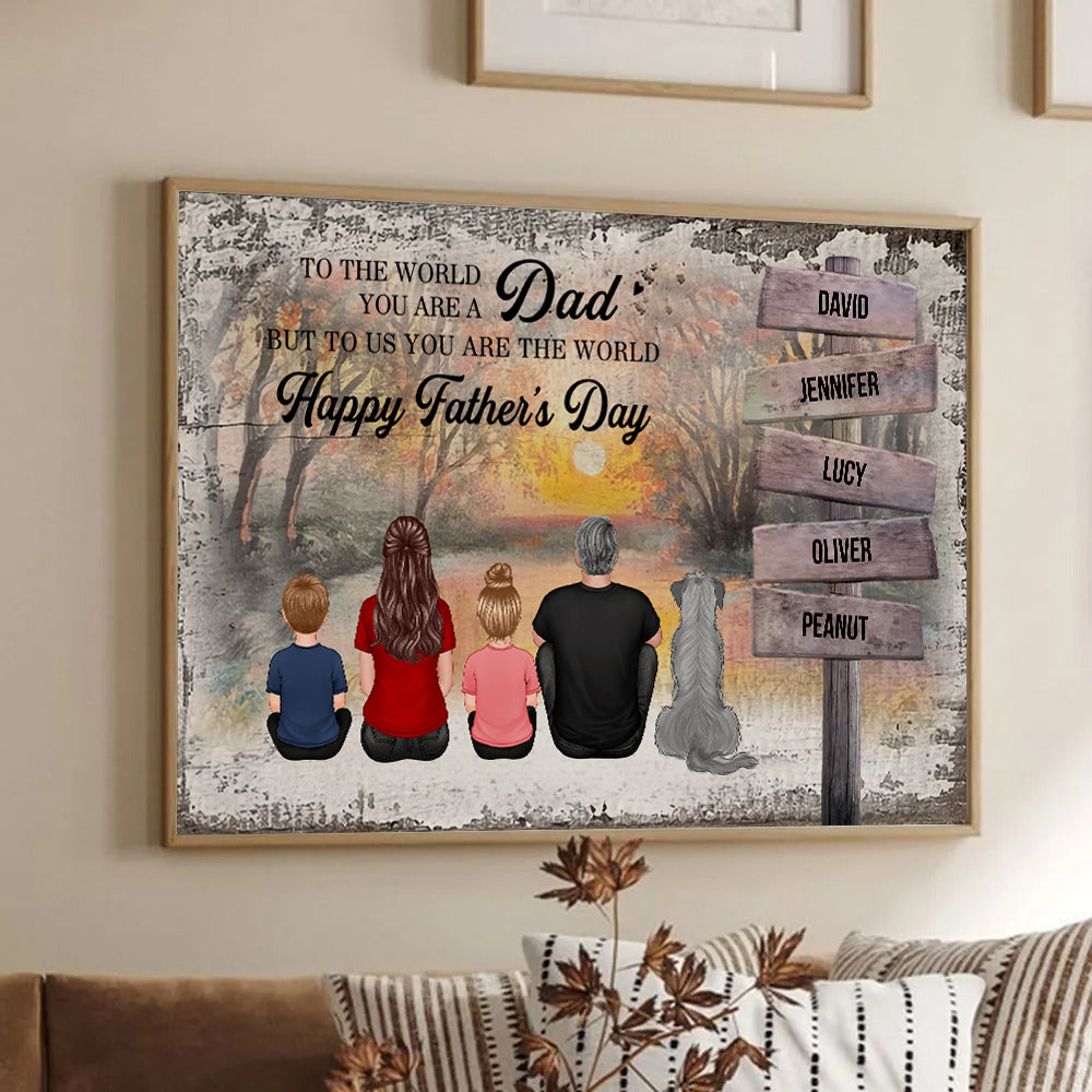 Personalized Custom Back View Family canvas print, size options shown on a sofa wall