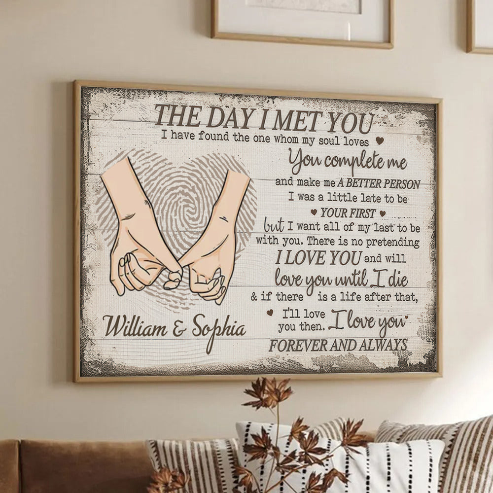 Personalized Custom Photo The Day I Met You canvas print, framed in a bright living room