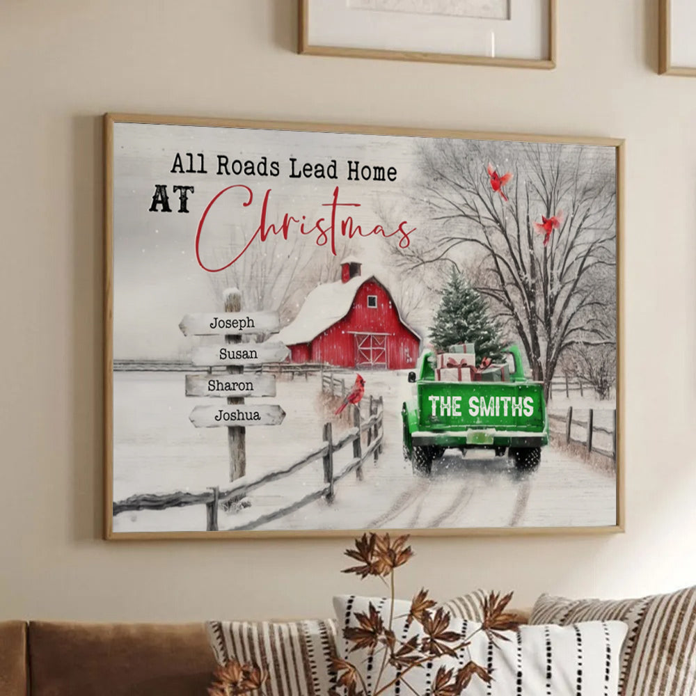 Personalized All Roads Lead Home At Christmas poster, framed in a bright living room