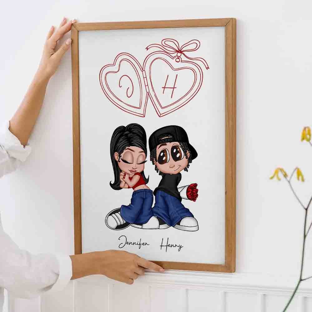 Personalized Y2K Couple Initial Heart Locket poster, framed in a bright living room