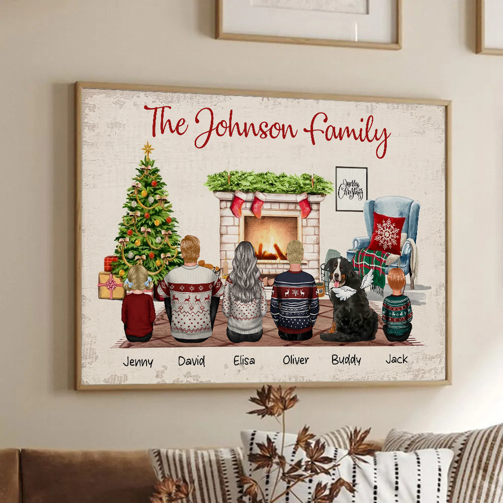 Personalized Christmas Family Back View Sitting Together poster, framed in a bright living room