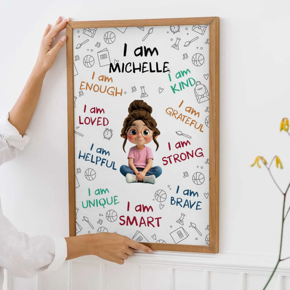 Personalized I Am Enough, Loved, Helpful, Unique, Smart canvas print, framed in a bright living room