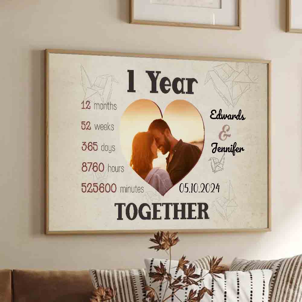 Personalized Custom Photo 1 Year Together Heart-Shaped Couple canvas print, framed in a bright living room