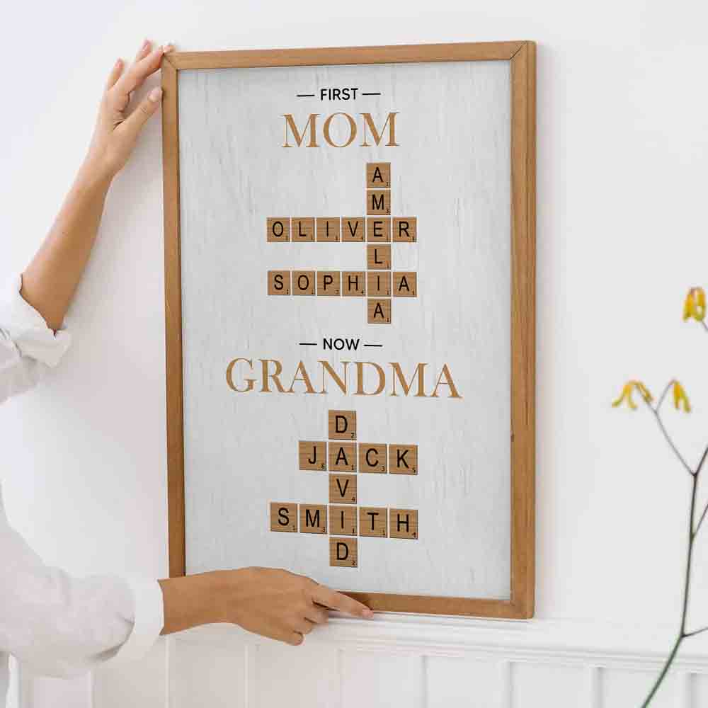 Grandma's Personalized Crossword Canvas: "First Mom Now Grandma" Custom Scrabble Wall Art - Unique Mother's Day or Birthday Gift for Nana