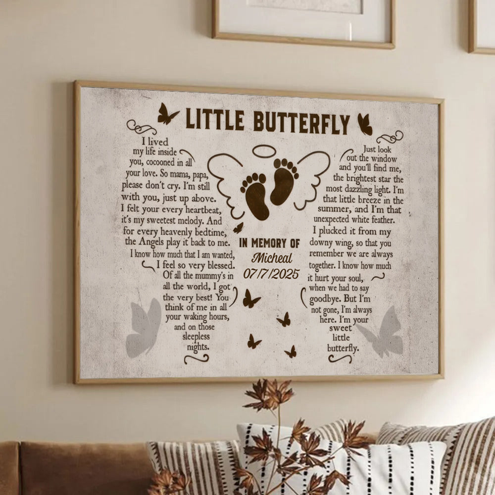 Personalized Custom Miscarriage Memorial Gift canvas print, framed in a bright living room
