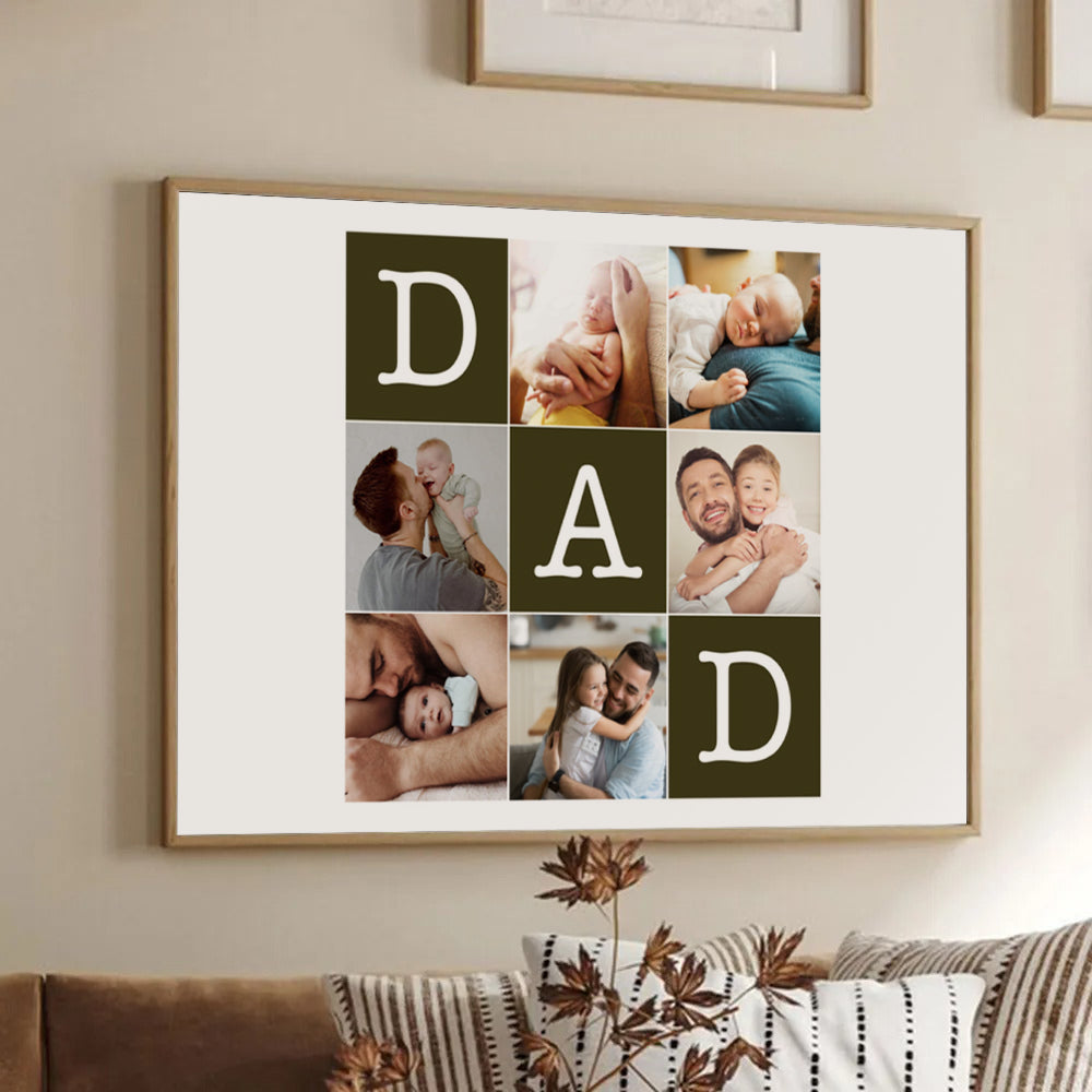Custom Photo Father's Day Collage poster, framed in a bright living room