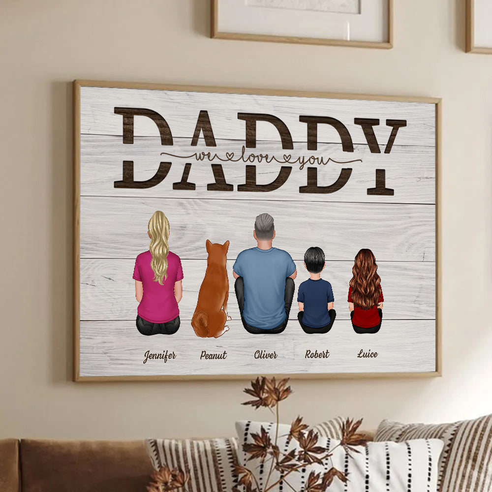 Personalized Daddy We Love You poster, framed in a bright living room