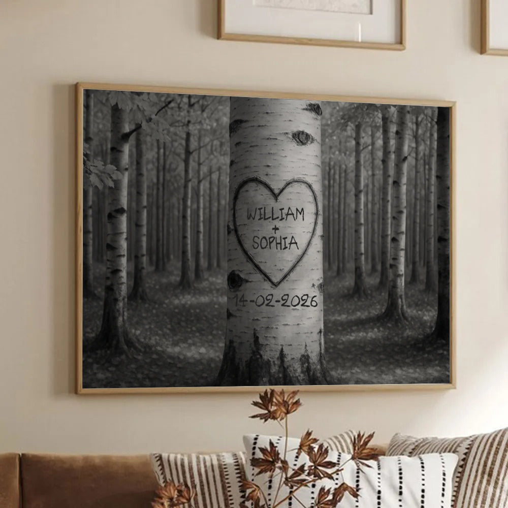Personalized Couple Names Tree Carving Heart canvas print, framed in a bright living room