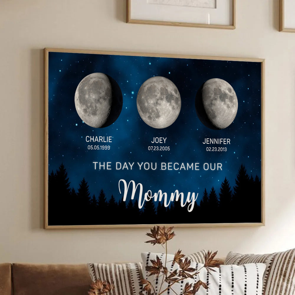 Personalized The Moon Glowed Brighter The Day You Became Mom poster, framed in a bright living room