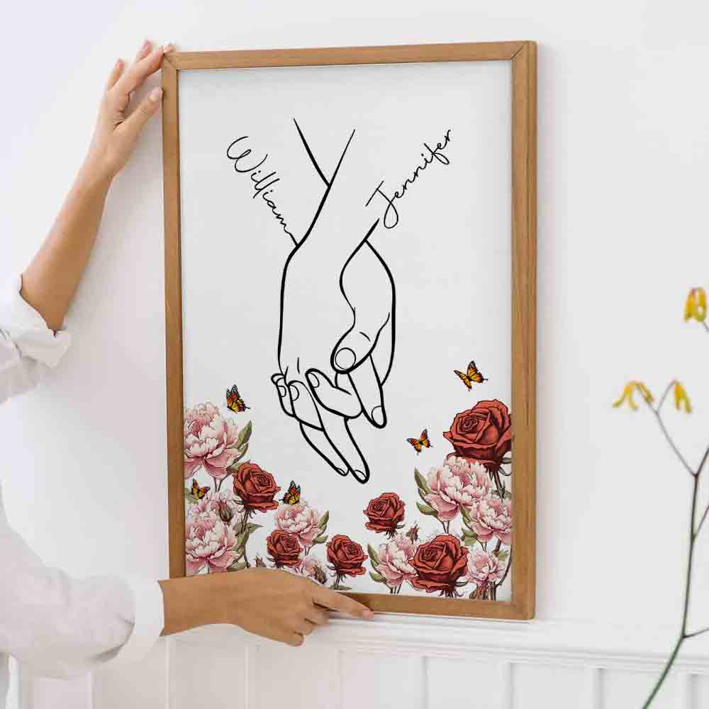 Personalized I Love You Couple Hand Print Birth Flower poster, framed in a bright living room