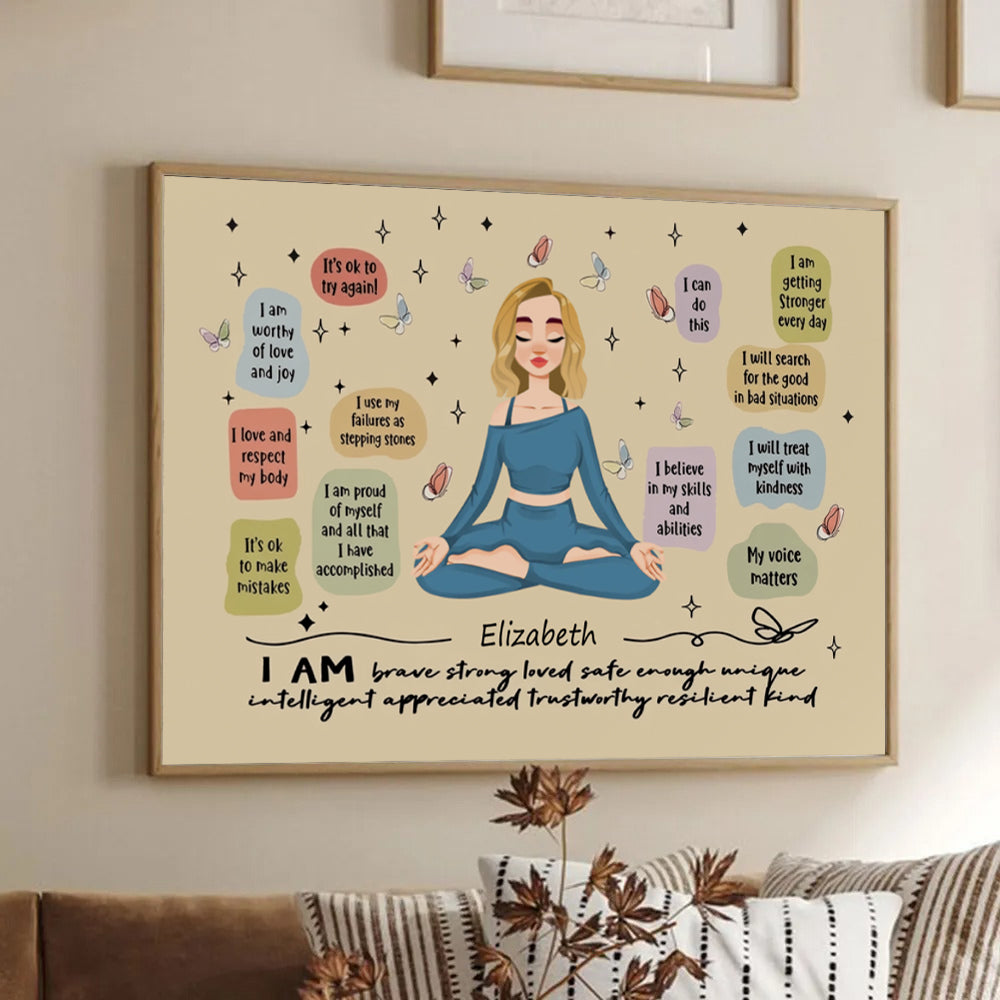 Personalized I Am Brave Strong Loved poster, framed in a bright living room