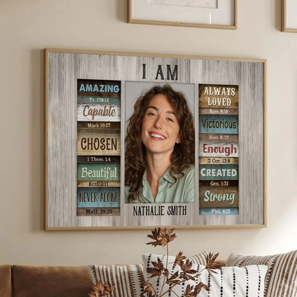 Personalized Christian God Says You Are poster, framed in a bright living room