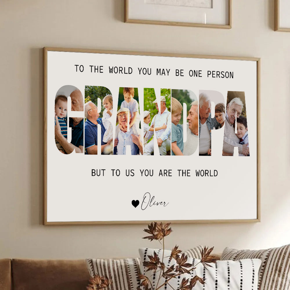 Custom Photo Grandpa Photo Collage poster, framed in a bright living room