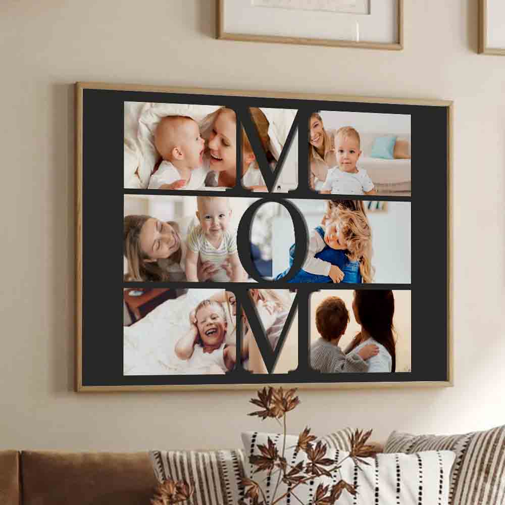 Custom Photo Mom Collage poster, framed in a bright living room