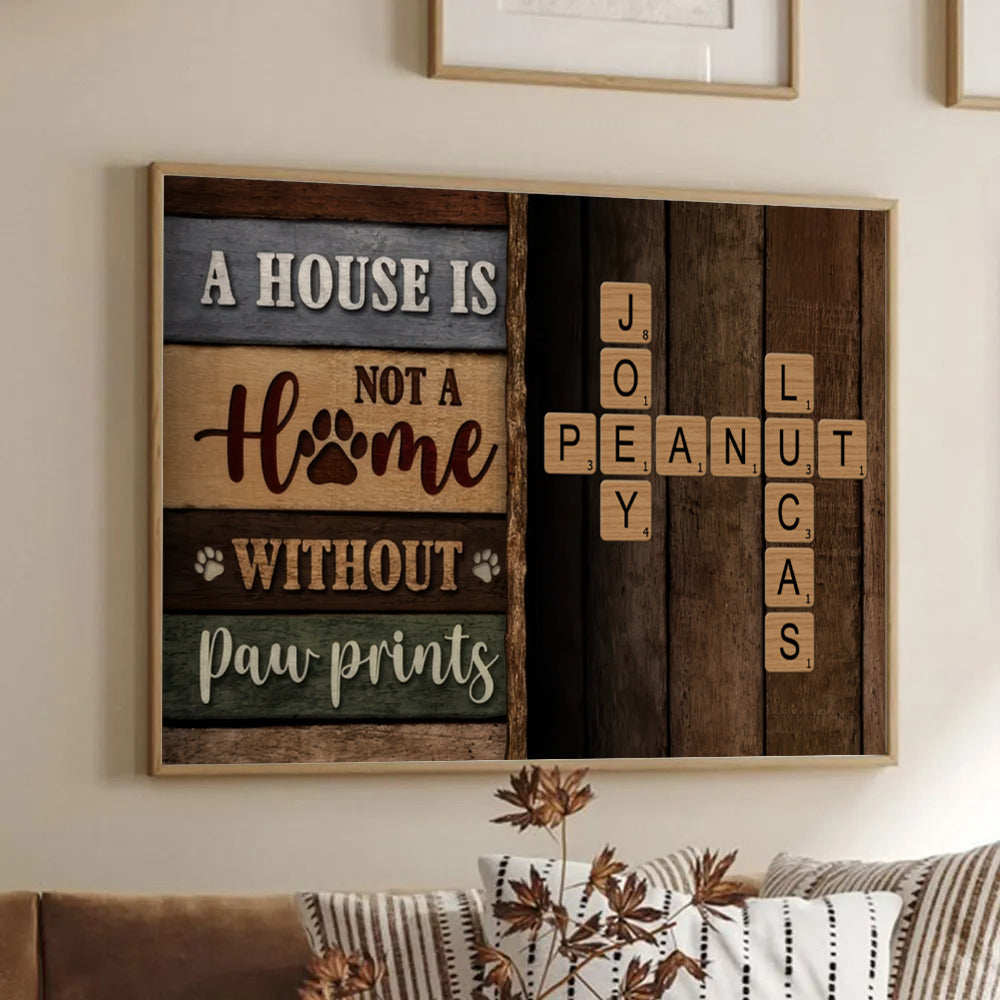 Personalized Home With Paw Prints Colored Wood Pallets Crossword Puzzle A canvas print, framed in a bright living room