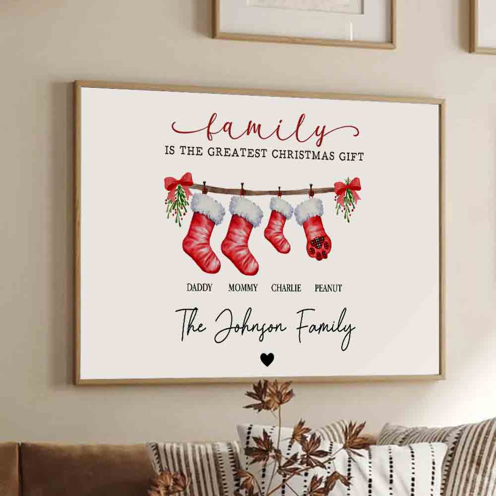 Personalized Family Is The Greatest Christmas Gift canvas print, framed in a bright living room