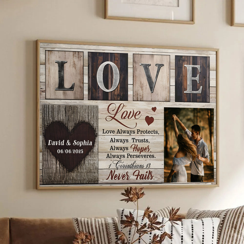 Custom Photo Couple Love Never Fails poster, framed in a bright living room