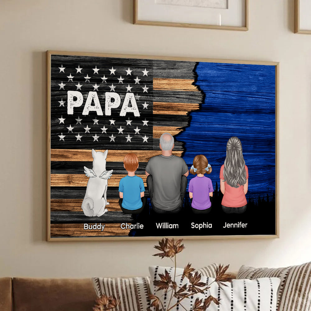 Personalized Dad Grandpa Back View Sitting With Kids Half Nation Flag poster, framed in a bright living room