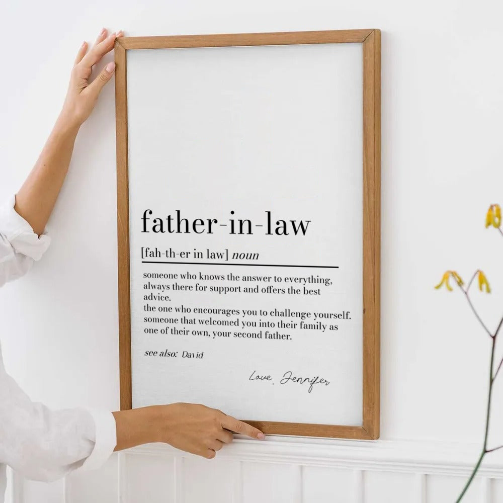 Personalized Father in Law Definition Print poster, framed in a bright living room
