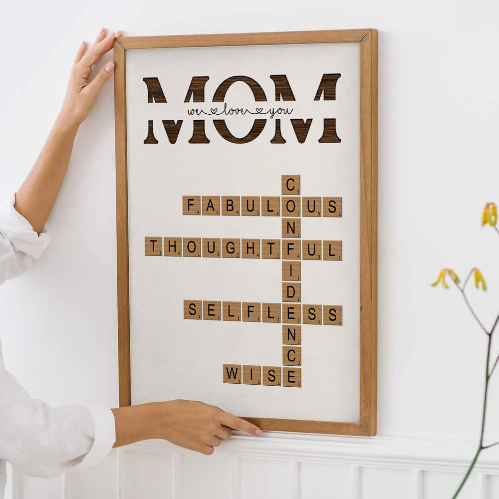 Personalized MOM Words Art Why We Love You Crossword Puzzle poster, framed in a bright living room