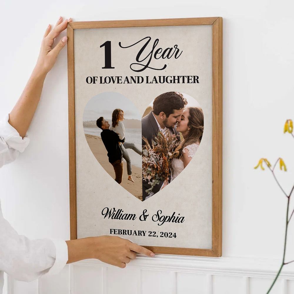 Custom Photo 1 Year Of Love And Laughter Couple poster, framed in a bright living room