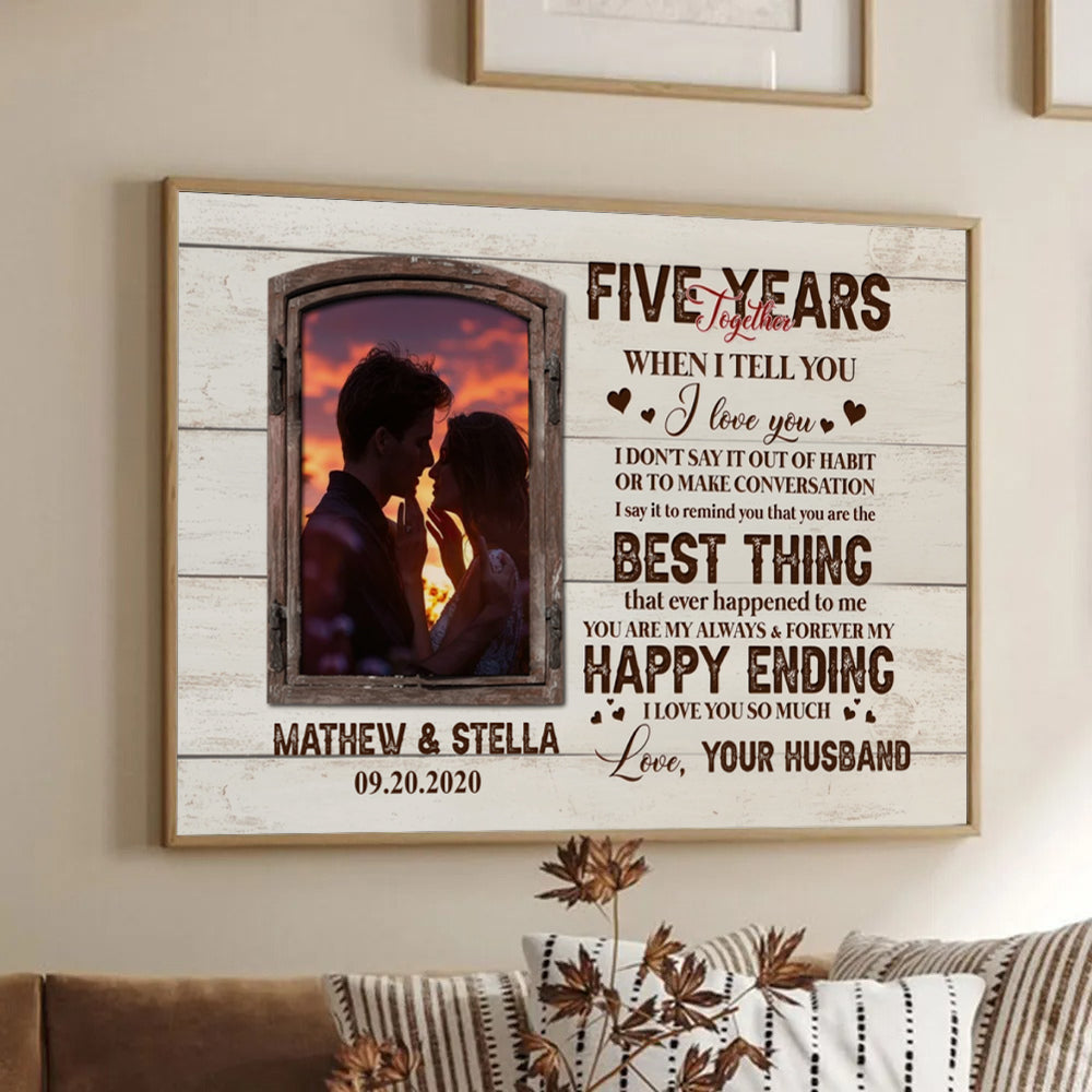 Custom Photo Five Years Together Couple poster, framed in a bright living room