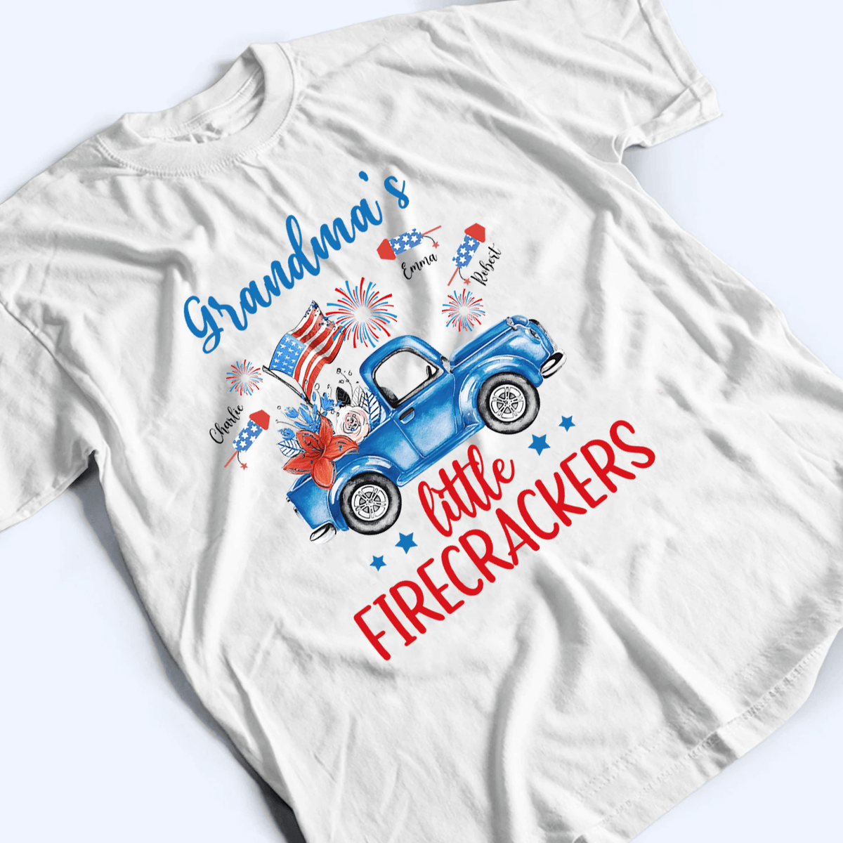 Grandma's Little Firecrackers 4th of July Patriotic - Personalized Custom T Shirt - Gift for Grandma/Nana/Mimi, Mom, Wife, Grandparent - Suzitee Store